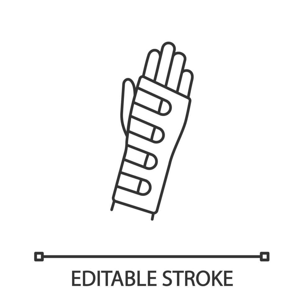 icono lineal de muñequera. órtesis de mano. Ilustración de línea fina. vendaje de la articulación radiocarpiana. soporte de la muñeca. férula de mano. símbolo de contorno. dibujo de contorno aislado vectorial. trazo editable vector