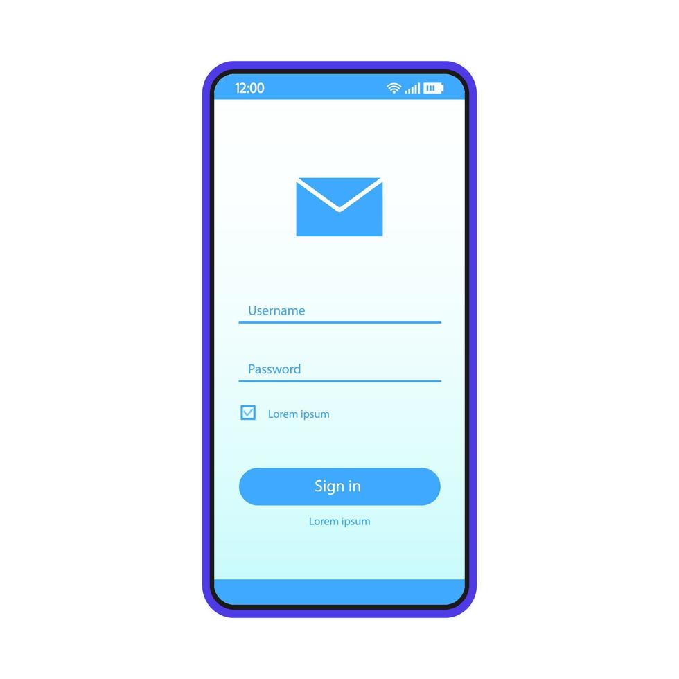 Email sign in smartphone page vector template. Mobile app interface design layout. Mail login, sign up screen. Flat UI application. User registration. Phone display with mailbox password, username