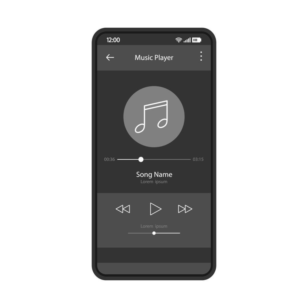 Music player app interface vector color template. Mobile application page black design layout. Media player navigation screen. Flat UI, GUI. Playing audio, radio. Phone display