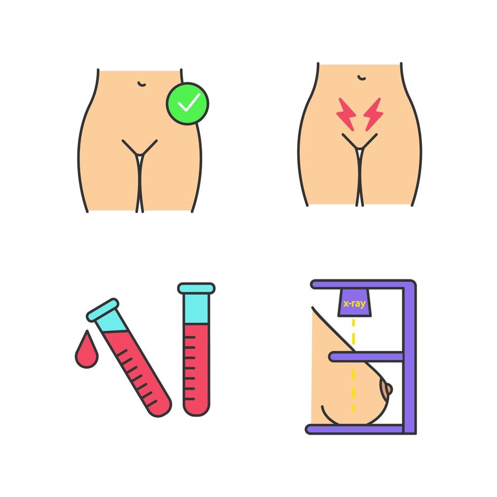 Conjunto de iconos de colores de ginecología. salud de la mujer, calambres menstruales, análisis de laboratorio, mamografía. ilustraciones vectoriales aisladas vector