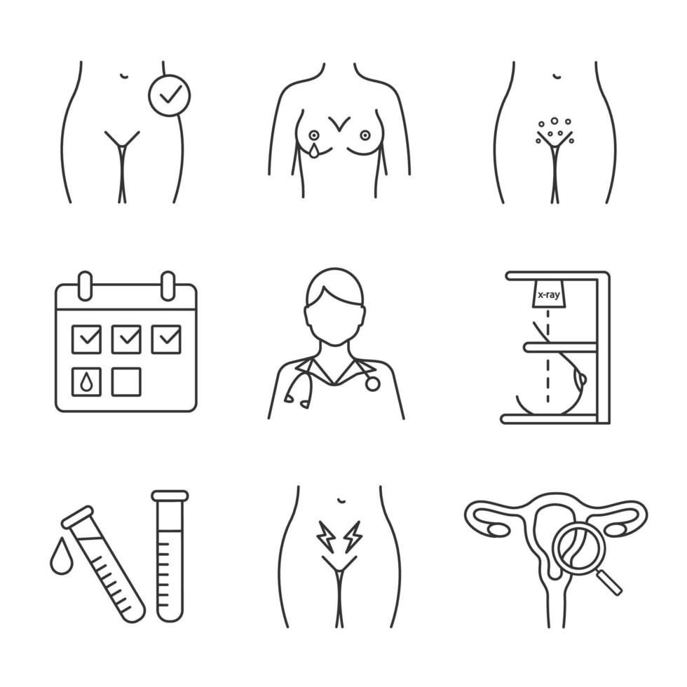 Gynecology linear icons set. Calendar, nipple discharge, lab test, genital rash, doctor, mammography, exam, menstrual pain, women's health. Isolated vector outline illustrations. Editable stroke