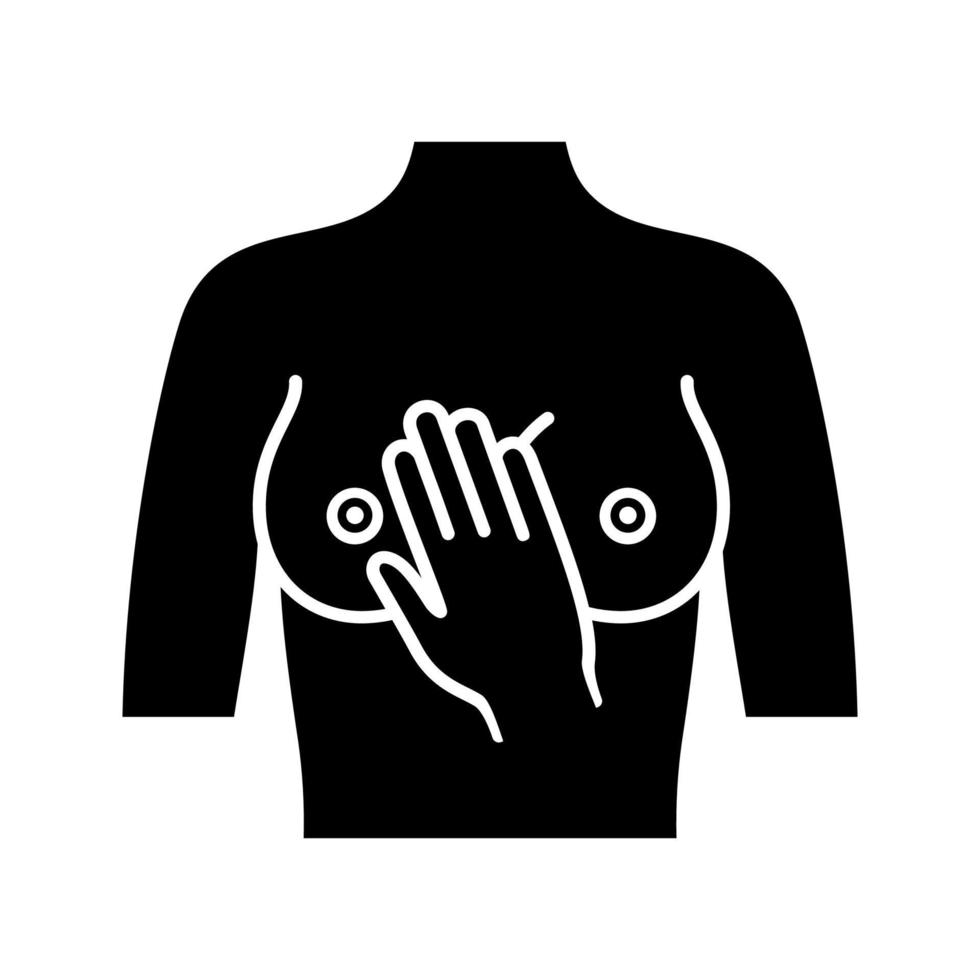 Breast palpation glyph icon. Woman breast self examination. Medical examination. Female health. Cancer prevention. Silhouette symbol. Negative space. Vector isolated illustration