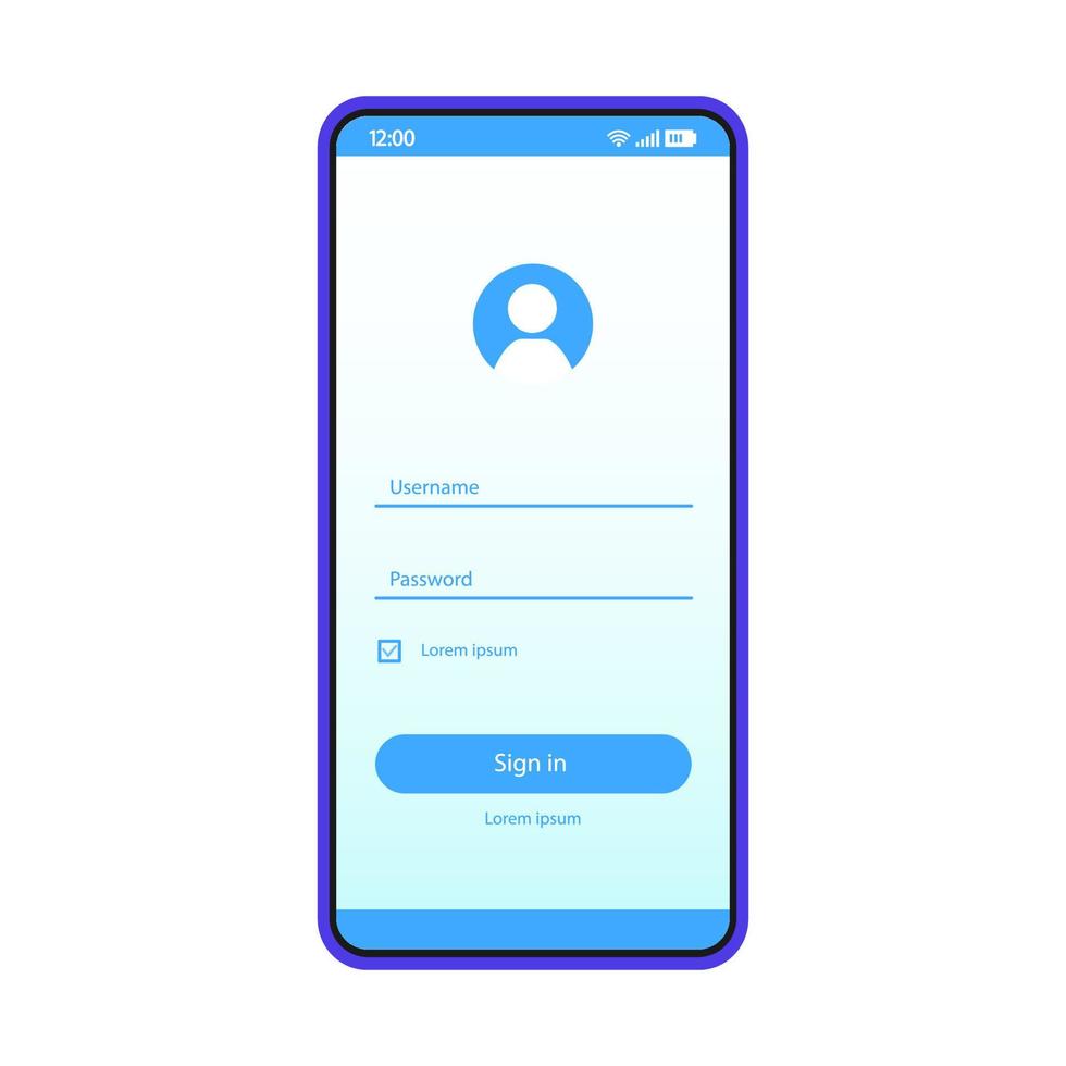 Sign in smartphone page vector template. Mobile app interface blue design layout. Login, sign up screen. Flat UI application. User registration, authorization. Phone display with password and username