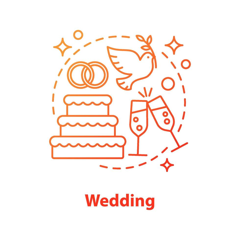 Wedding concept icon. Engagement idea thin line illustration. Marriage celebration. Champagne, wedding cake, dove. Vector isolated outline drawing