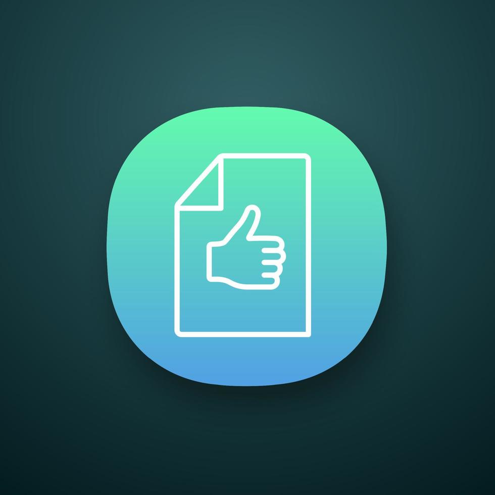 Approval document app icon. Best mark. Excellent review. Approval and like sign. UI UX user interface. Mobile application. Customer review. Paper sheet with thumbs up. Vector isolated illustration