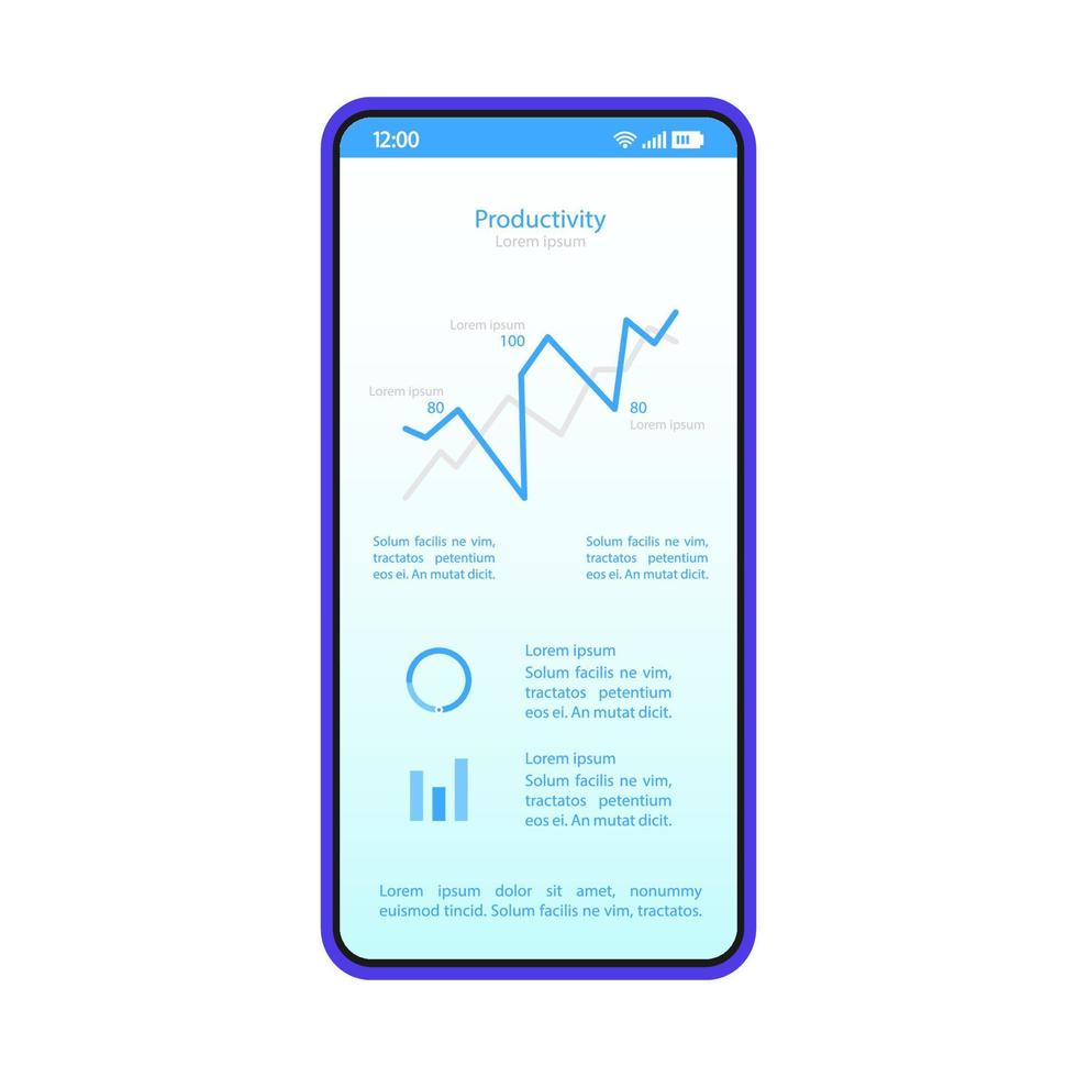 Smartphone dashboard interface vector template. Mobile productivity page blue design layout. Statistics screen. Flat application UI. Data analysis app. Phone display with analytics diagram