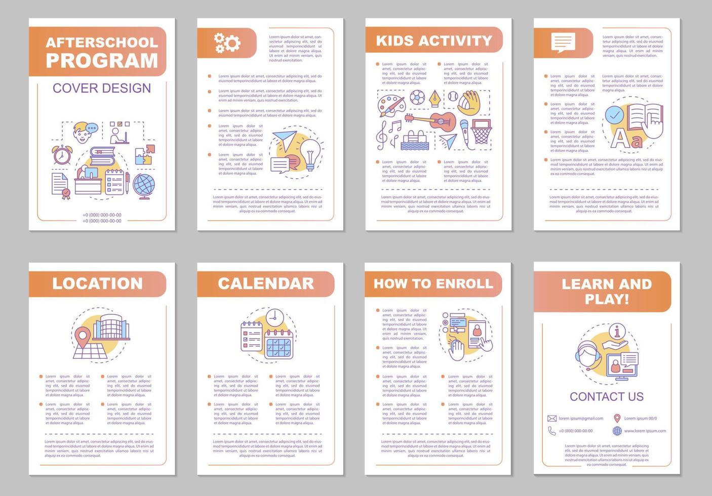 After school program brochure template layout. Afterschool activities. Learn and play. Flyer, booklet, leaflet print design with linear illustrations. Vector pages for magazines, reports, posters