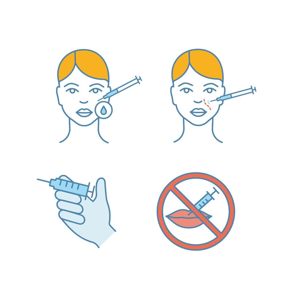 Neurotoxin injection color icons set. Makeup removal, syringe, cosmetologic procedure prohibition, nasolabial folds injection. Isolated vector illustrations