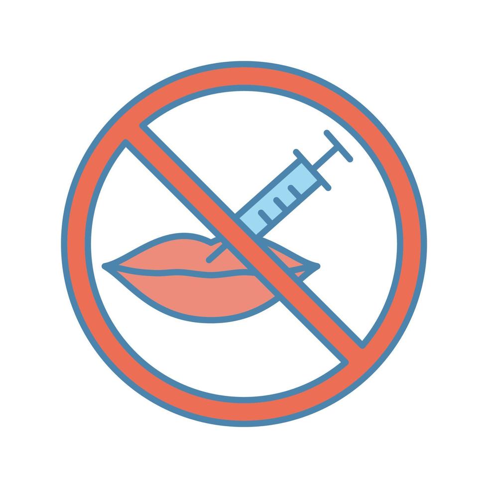 Neurotoxin lips injection prohibition color icon. Stop lips augmentation. Neuro toxin injection inside forbidden sign. Isolated vector illustration