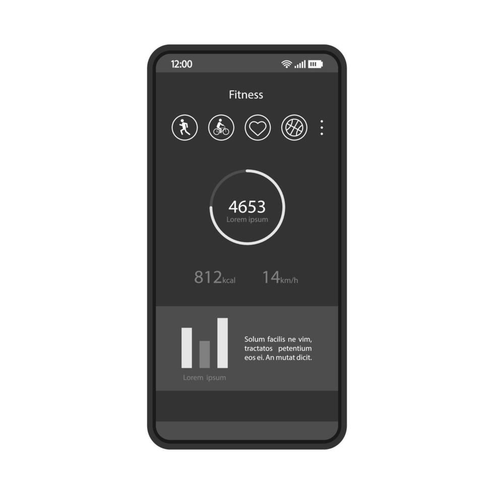 Fitness smartphone app interface vector template. Mobile application page black design layout. Pedometer screen. Flat UI. Sports tracker. Phone display with physical activity statistics