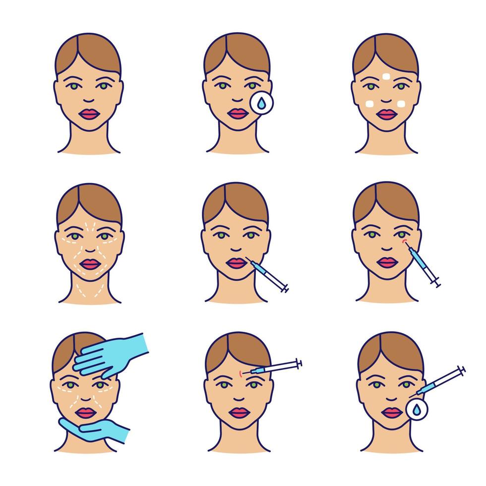 Neurotoxin injection color icon set. Woman face, makeup removal, anesthetic cream, wrinkles, lips, crows feet neurotoxin injection, cosmetologist exam, disinfection. Isolated vector illustrations