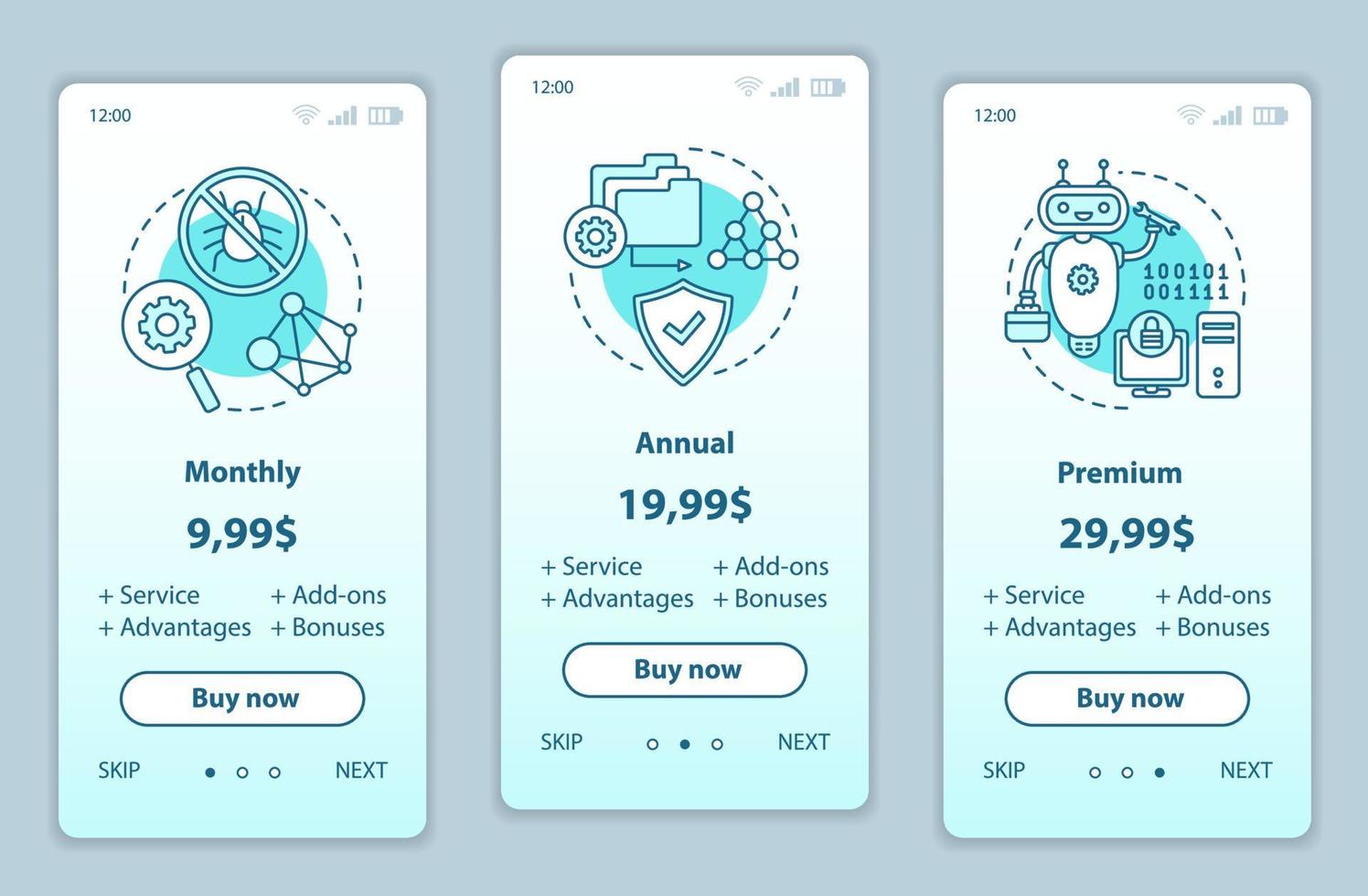 Antivirus subscription onboarding mobile app screens with service prices. Walkthrough website pages templates. Anti virus software tariff plans steps. Smartphone payment web page layout vector