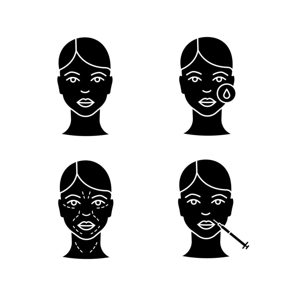Conjunto de iconos de glifo de inyección de neurotoxina. rostro de mujer, desmaquillado, imitación de arrugas, inyección de labios. símbolos de silueta. vector ilustración aislada