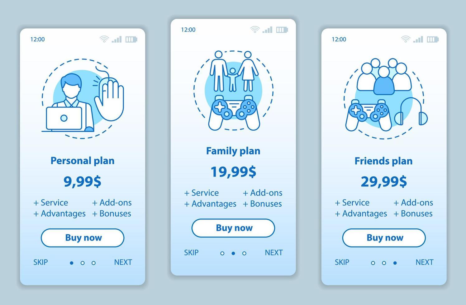 Entertainment onboarding mobile app screens with service prices. Walkthrough website pages templates. Pay to play. Video, computer games tariff plans. Subscription, membership payment web page layout vector