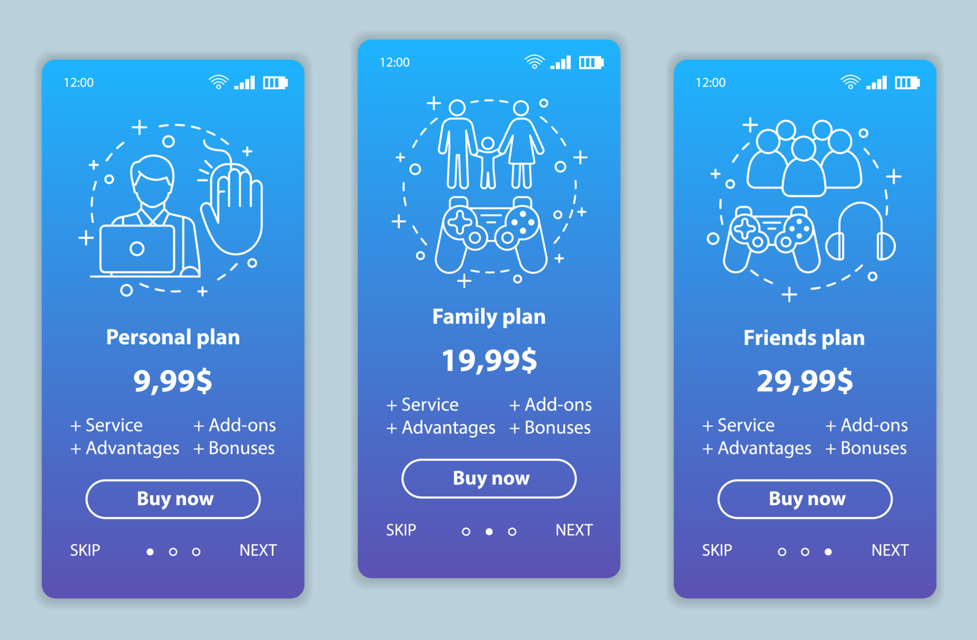 Entertainment onboarding mobile app screens with service prices