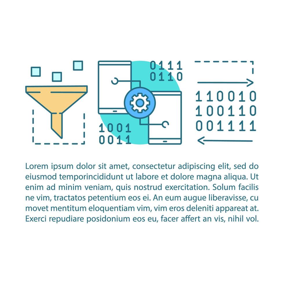 Data filtering concept linear illustration. Machine learning. Article, brochure, magazine page layout with text boxes. Data mining. Funnel. Statistics gathering. Print design. Vector isolated drawing