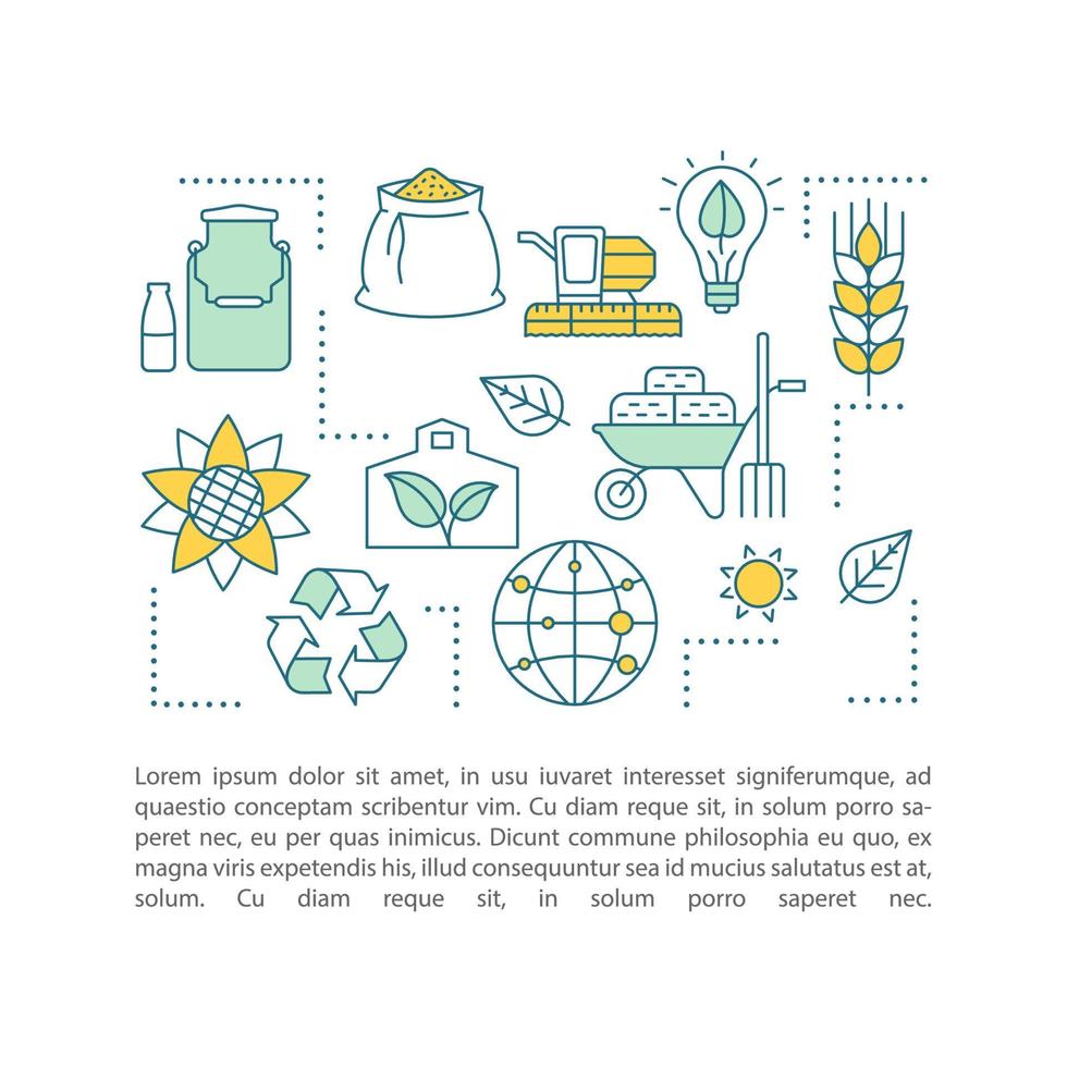 Organic farming concept linear illustration. Agriculture. Article, brochure, magazine page template. Ecological products. Eco friendly farming. Thin line icons with text boxe. Vector isolated drawing