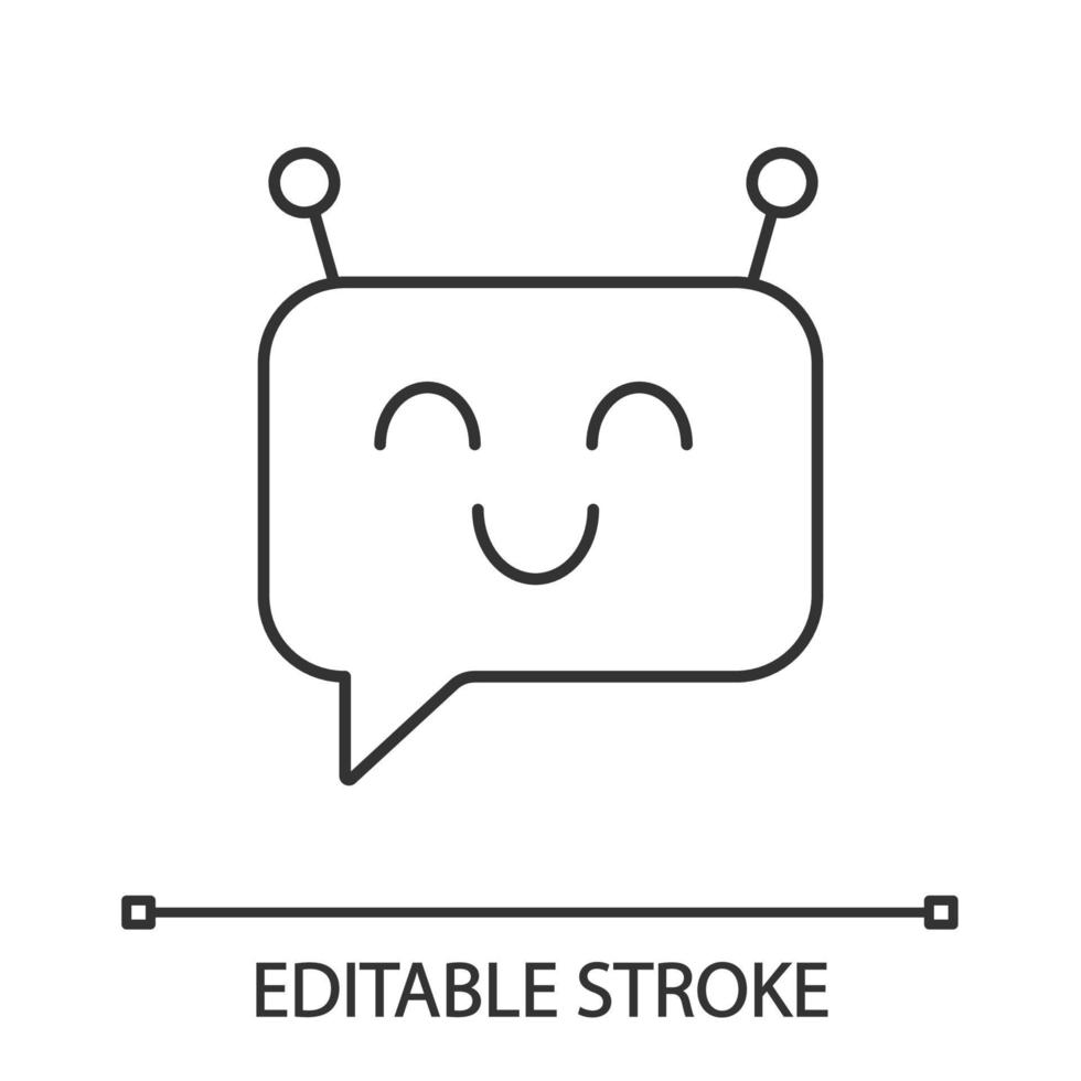 Chatbot message linear icon. Thin line illustration. Speech bubble with chat bot. Artificial conversational entity. Virtual assistant. Artificial intelligence. Vector isolated drawing. Editable stroke