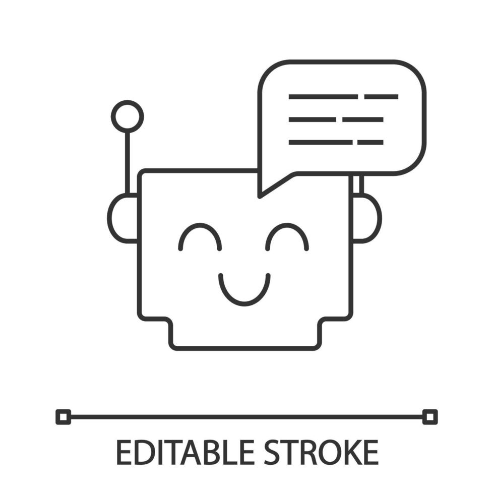 Chatbot message linear icon. Thin line illustration. Talkbot. Modern robot. Square head laughing chat bot. Virtual assistant. Conversational agent. Contour vector isolated drawing. Editable stroke