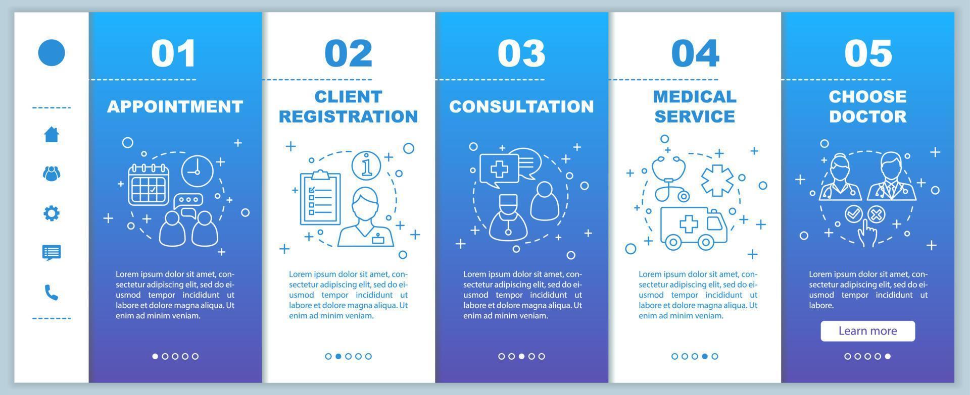 Medical service onboarding mobile web pages vector template. Private clinic. Responsive smartphone website interface idea with linear illustrations. Webpage walkthrough step screens. Color concept