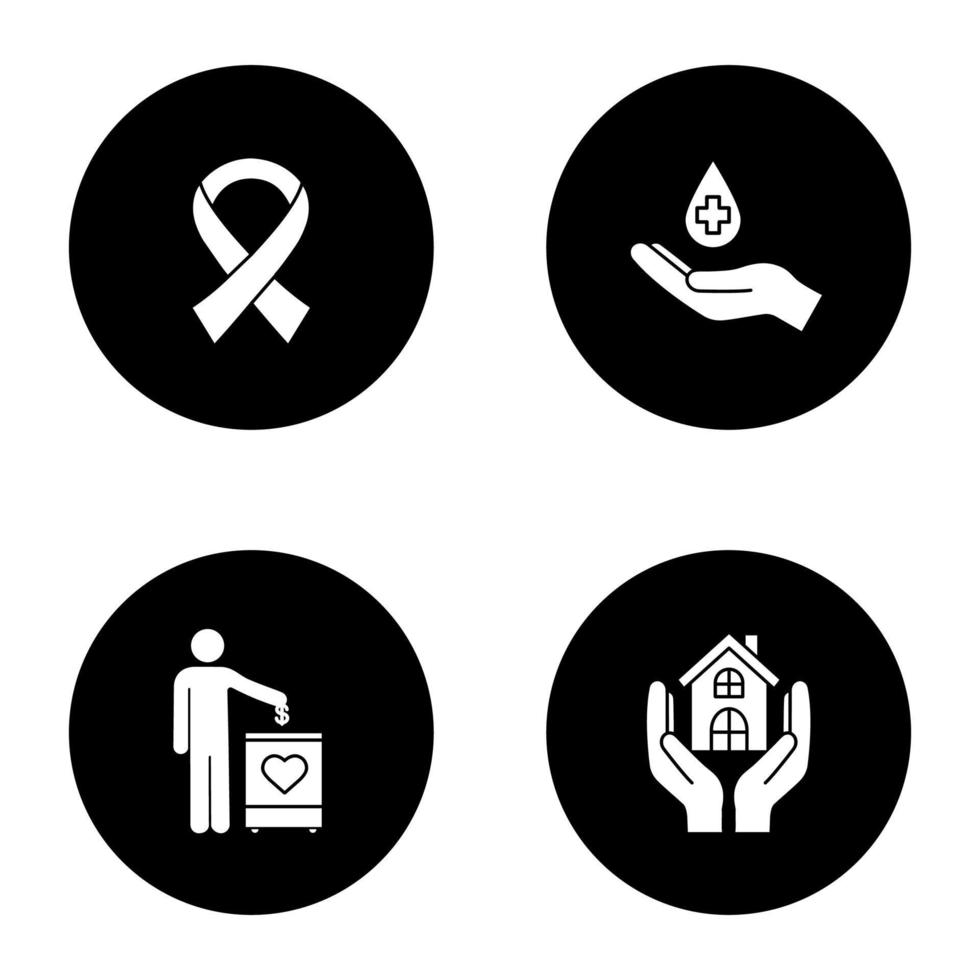 Charity glyph icons set. Fundraising, anti HIV ribbon, blood donation, shelter for homeless. Vector white silhouettes illustrations in black circles