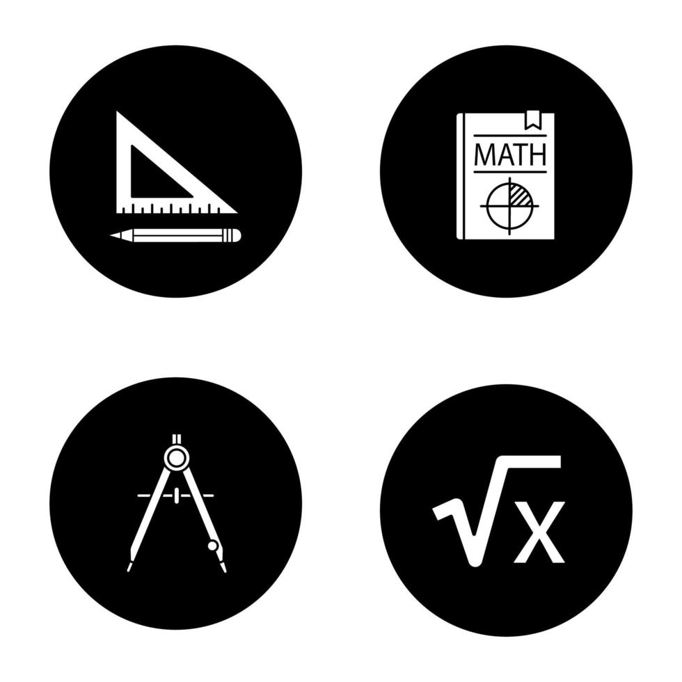 Mathematics glyph icons set. Triangular ruler and pencil, math textbook, drawing compass, square root of x. Vector white silhouettes illustrations in black circles