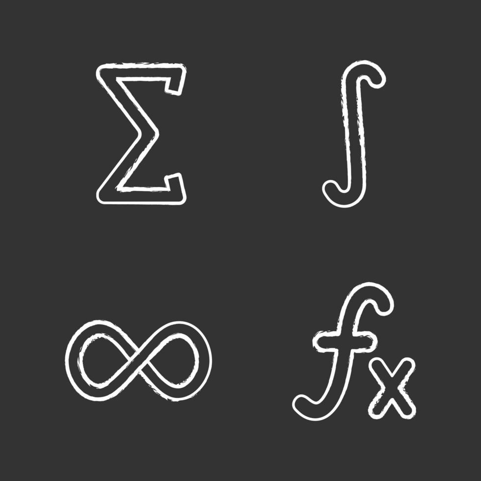 Conjunto de iconos de tiza de matemáticas. sigma, integral, signo de infinito, función. ilustraciones de pizarra vector aislado