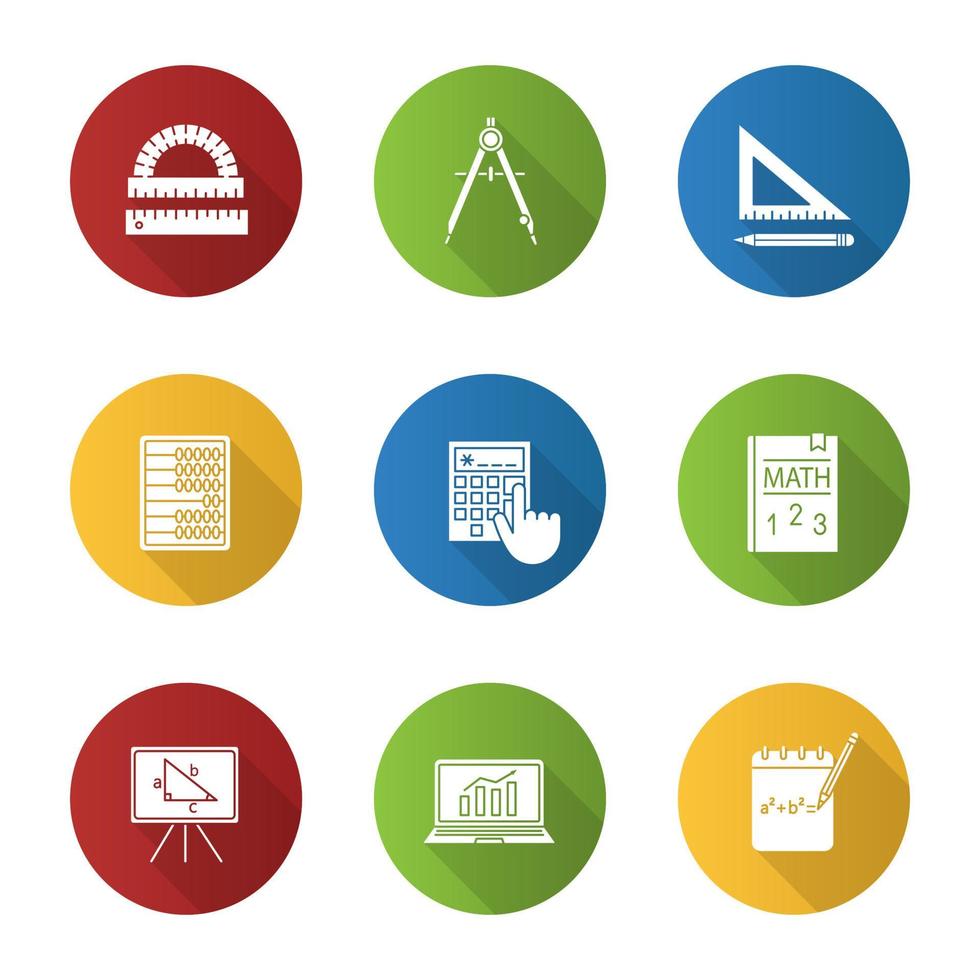 Mathematics flat design long shadow glyph icons set. Geometry and algebra. Drafting tools, textbook, abacus, calculator. Vector silhouette illustration