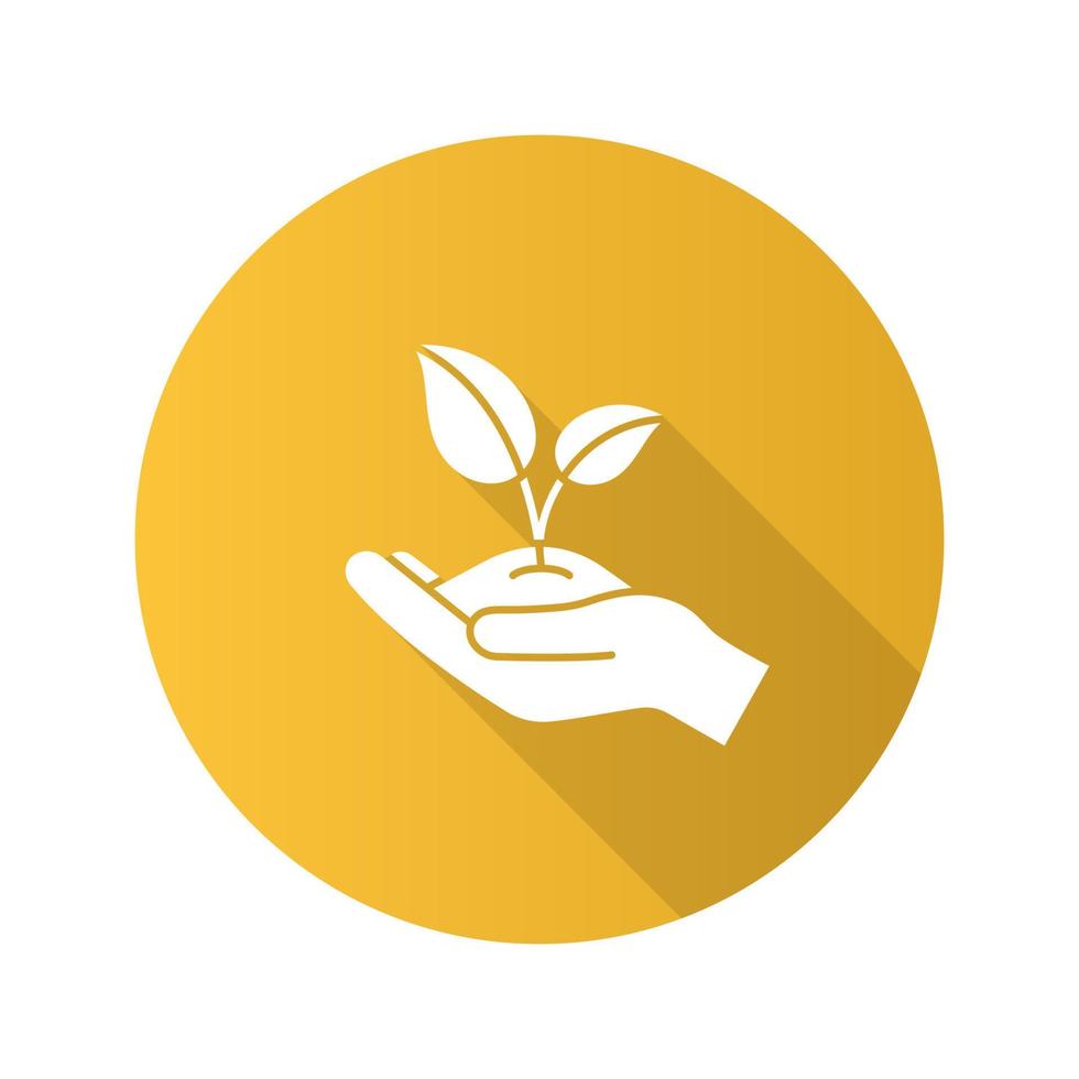 Greening flat design long shadow glyph icon. Environment protection. Open hand with sprout. Agriculture. Vector silhouette illustration