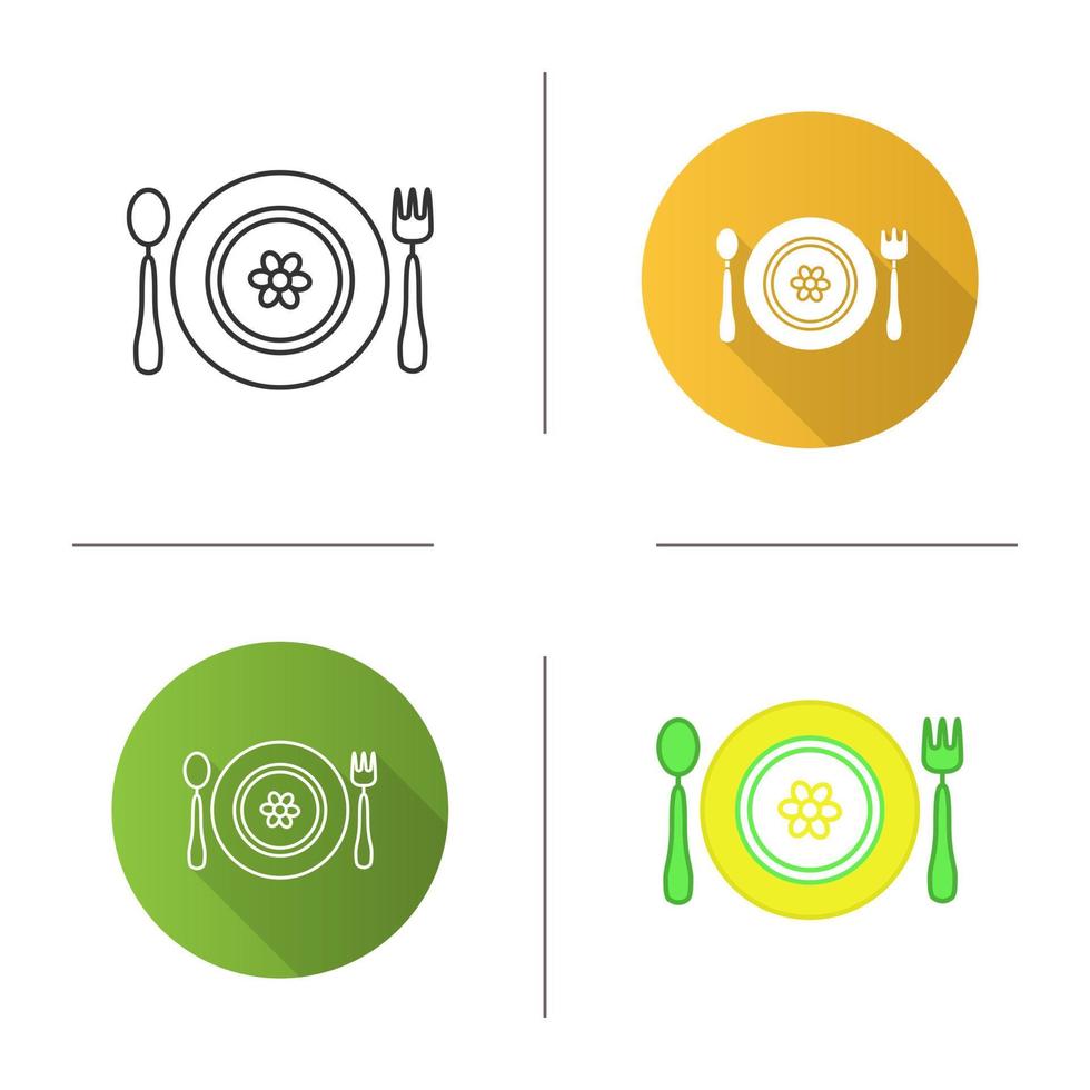 Baby plate with spoon and fork icon. Flat design, linear and color styles. Baby dishes with flower. Isolated vector illustrations