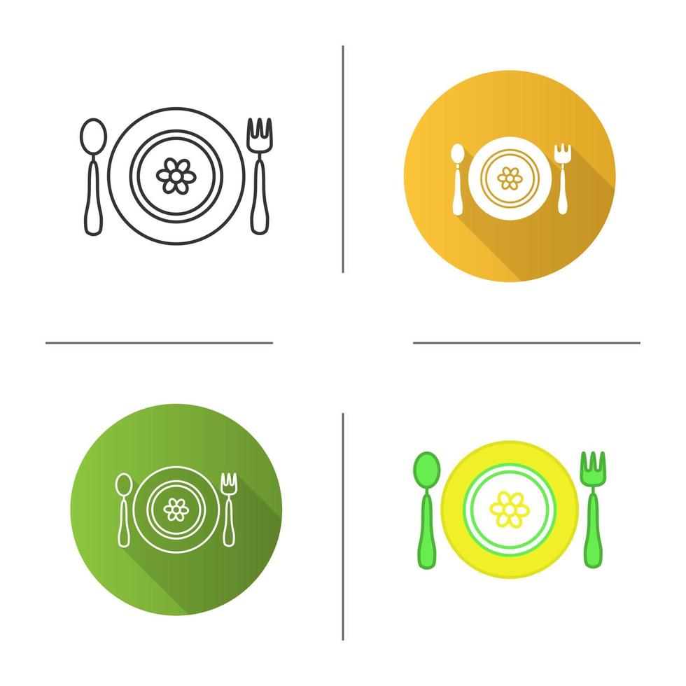 plato de bebé con icono de cuchara y tenedor. diseño plano, estilos lineales y de color. Platos de bebé con flor. ilustraciones vectoriales aisladas vector