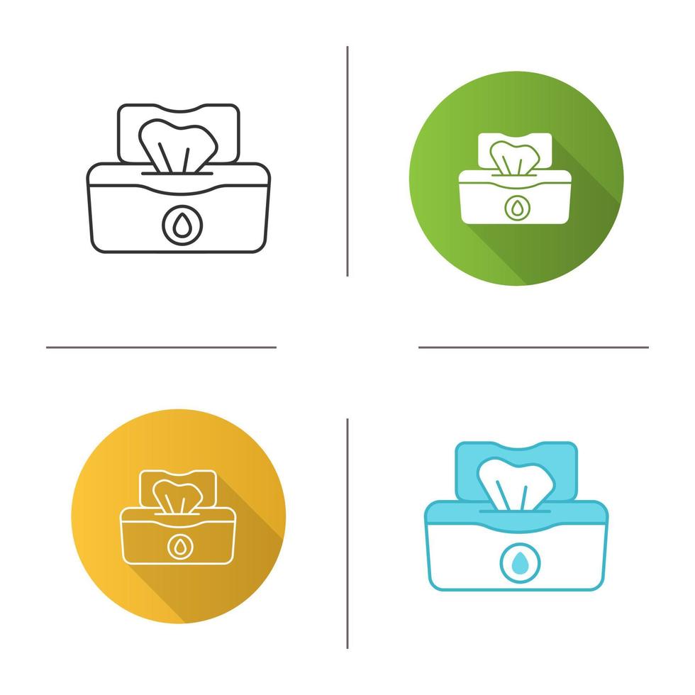Wet wipes pack icon. Tissues. Antibacterial napkins. Flat design, linear and color styles. Isolated vector illustrations