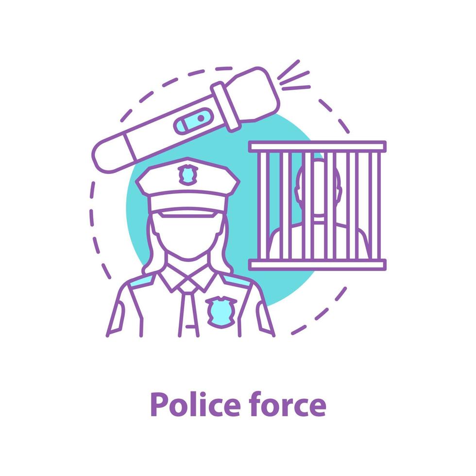 icono del concepto de fuerza policial. Ilustración de línea fina de idea de aplicación de la ley. mujer policía, linterna, prisionera. dibujo de contorno aislado vectorial vector