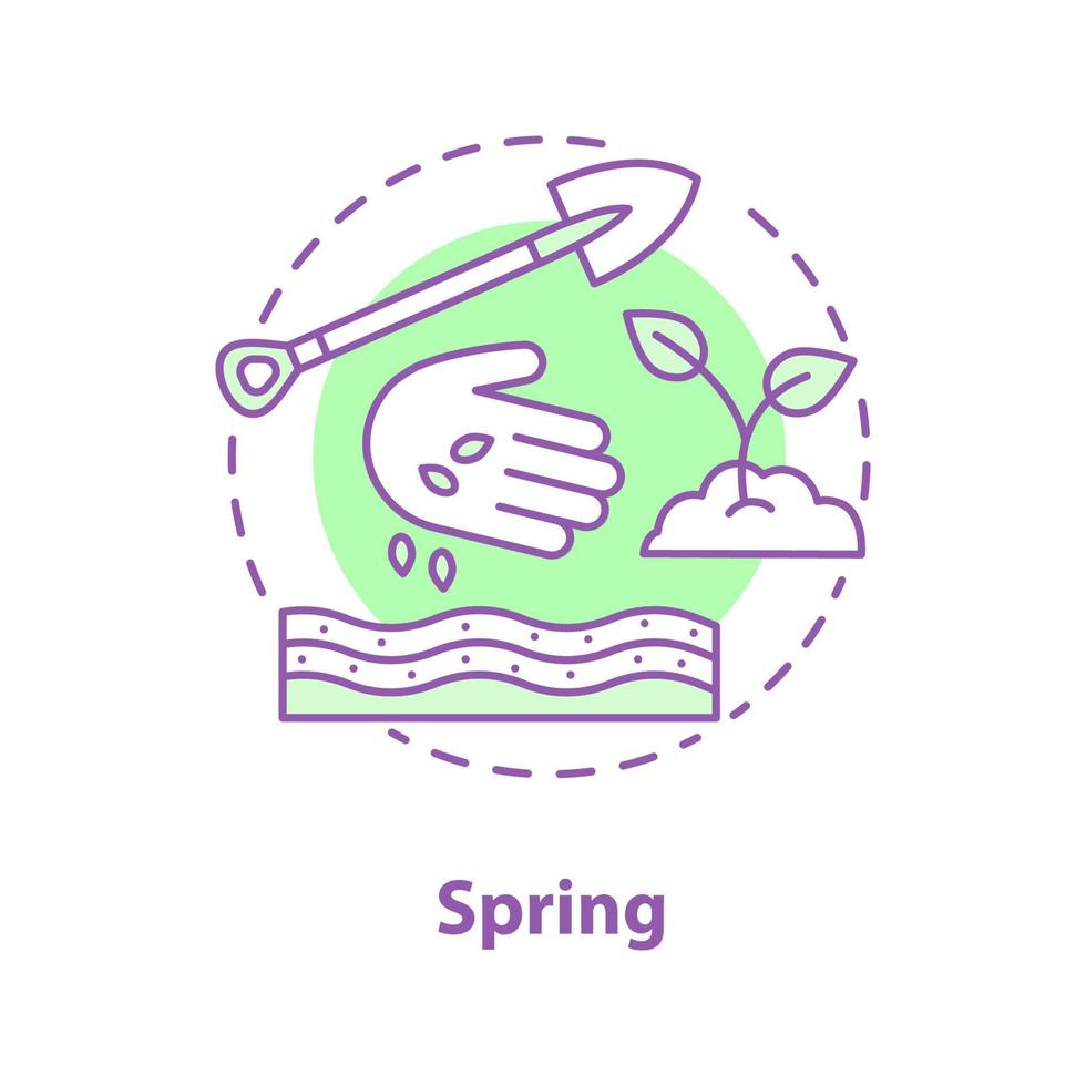 Spring season concept icon. Garden work idea thin line illustration. Sowing, seedling care, digging. Vector isolated outline drawing