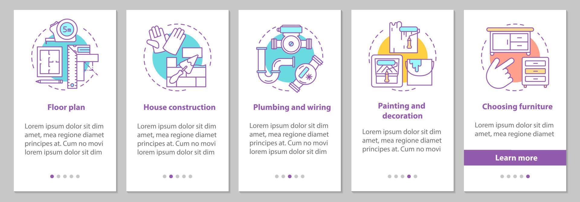 House building onboarding mobile app page screen with concepts. Floor plan, construction, wiring and plumbing, furniture steps graphic instructions. UX, UI, GUI vector template with illustrations
