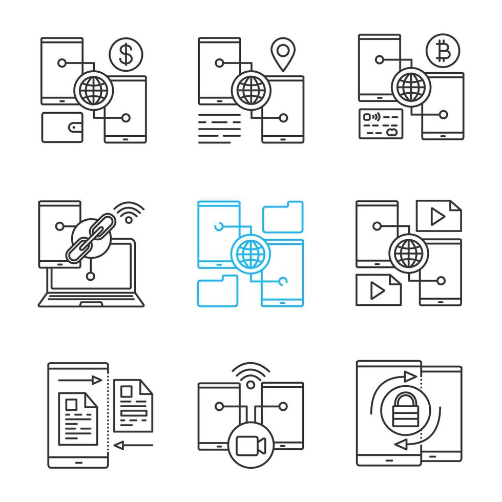 Smartphone linear icons set. Digital wallets, GPS navigation, link, content sharing, file upload, video message, password. Thin line contour symbols. Isolated vector outline illustrations