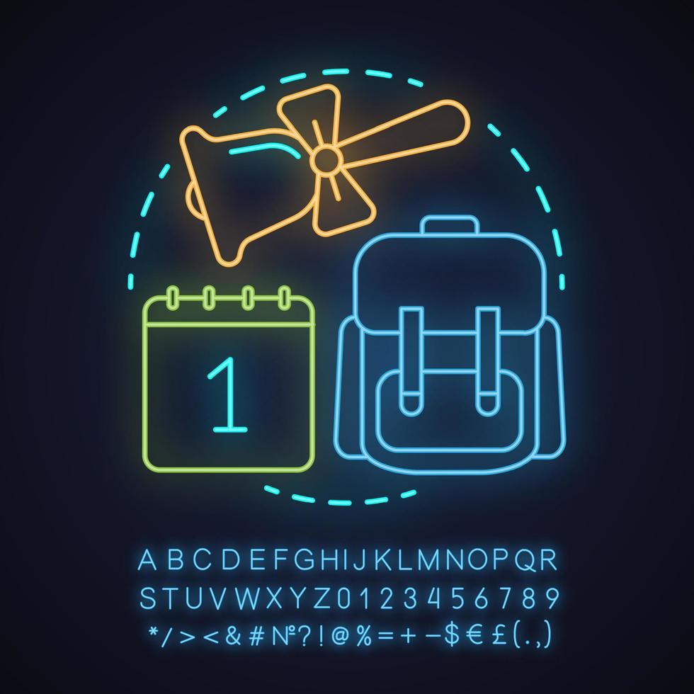 Knowledge Day neon light concept icon. Back to school idea. September 1st. Student's backpack, calendar, school bell. Glowing sign with alphabet, numbers and symbols. Vector isolated illustration