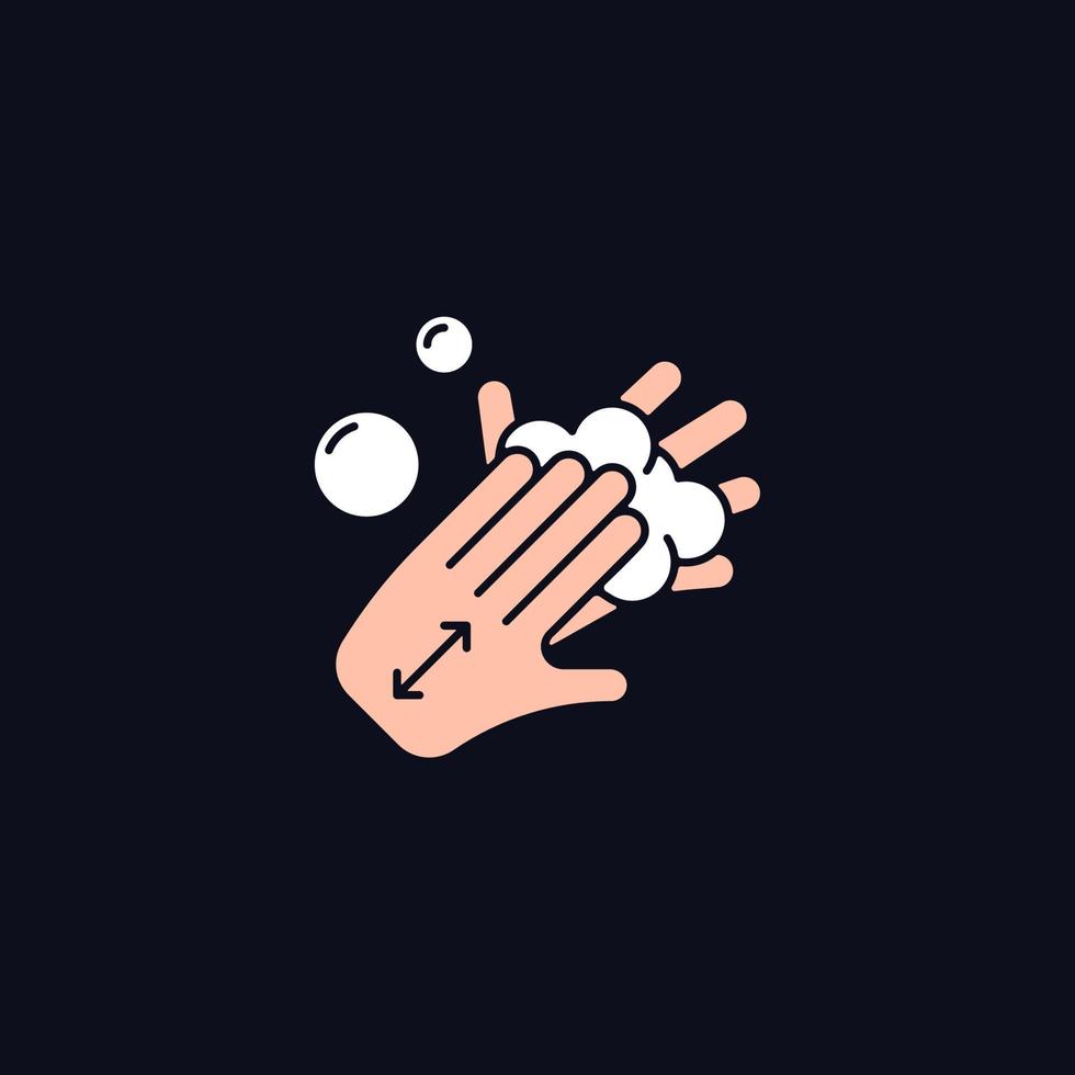 Lathering back of hands RGB color icon for dark theme. Rubbing hands with soap. Covering palms with lather. Isolated vector illustration on night mode background. Simple filled line drawing on black