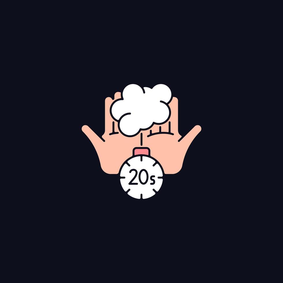 Scrub hands for twenty seconds RGB color icon for dark theme. Soap molecules destroying viruses. Isolated vector illustration on night mode background. Simple filled line drawing on black