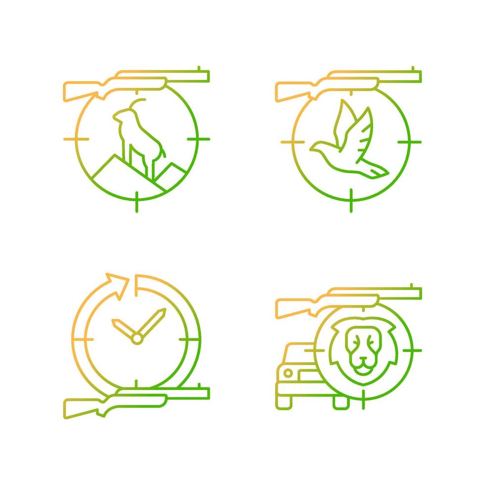 Hunting types gradient linear vector icons set. Mountain hunting. Pigeon shooting. Day and night hunt. Pursue prey. Thin line contour symbols bundle. Isolated outline illustrations collection