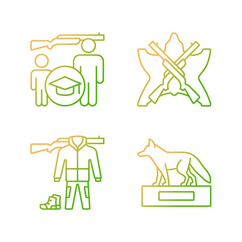 Hunting trophy and equipment gradient linear vector icons set. Hunting junior education. Apparel and equipment. Thin line contour symbols bundle. Isolated outline illustrations collection