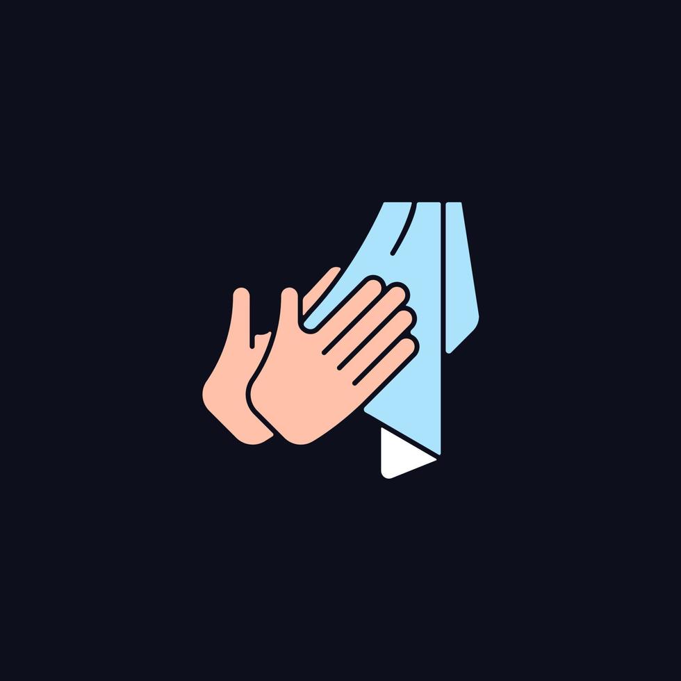 Dry hands with towel RGB color icon for dark theme. Effective germs removing. Using paper and textile towels. Isolated vector illustration on night mode background. Simple filled line drawing on black