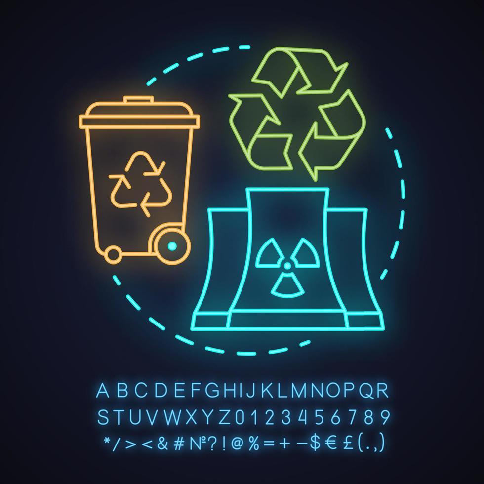 Waste recycling neon light concept icon. Environment protection idea. Garbage reusing. Glowing sign with alphabet, numbers and symbols. Vector isolated illustration