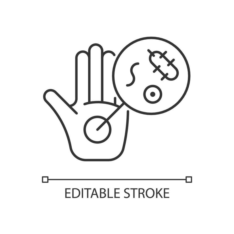 Dirty hands linear icon. Germs on unwashed hands. Spreading diseases. Contaminated palms. Thin line customizable illustration. Contour symbol. Vector isolated outline drawing. Editable stroke