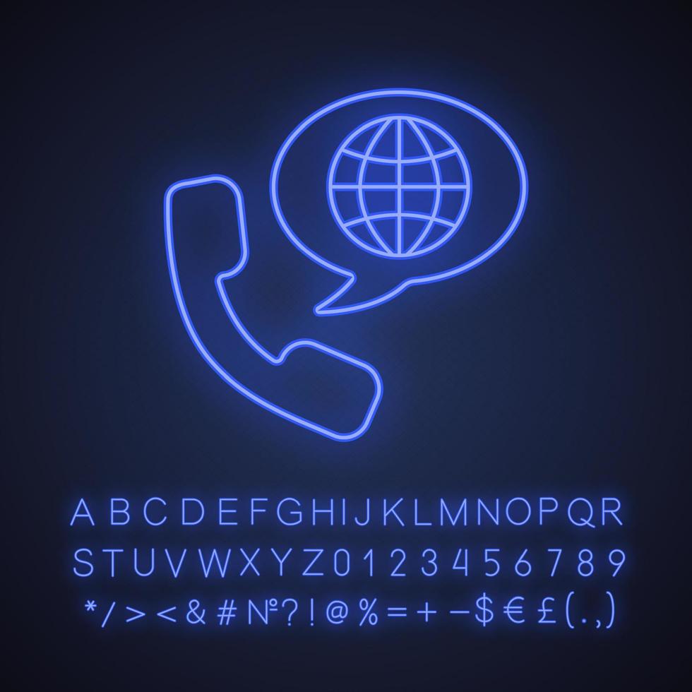 International phone call neon light icon. Handset with globe inside speech bubble. Glowing sign with alphabet, numbers and symbols. Vector isolated illustration