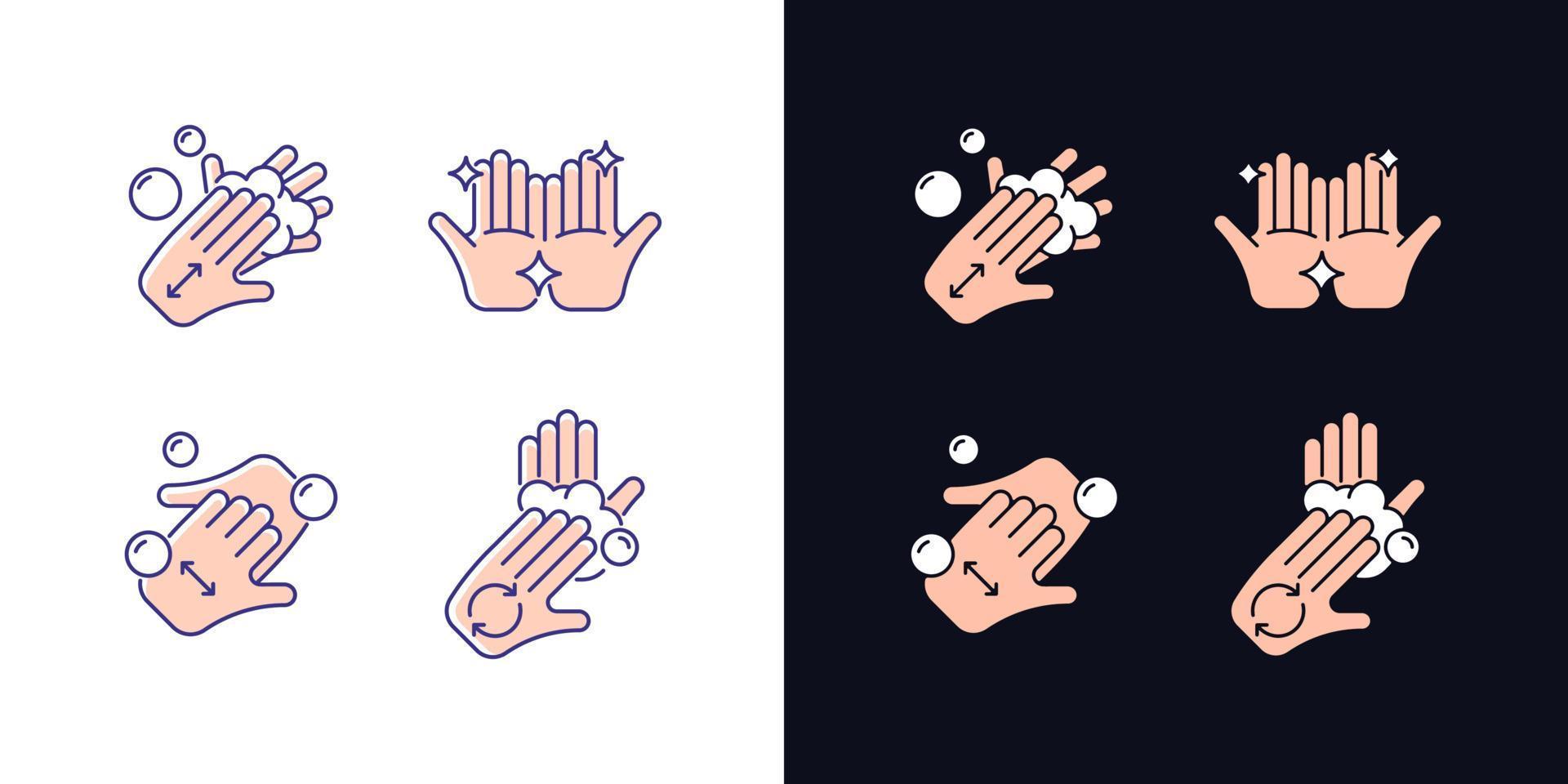 Washing hands instruction light and dark theme RGB color icons set. Rub palms together with soap. Cup fingers. Isolated vector illustrations on white and black space. Simple filled line drawings pack