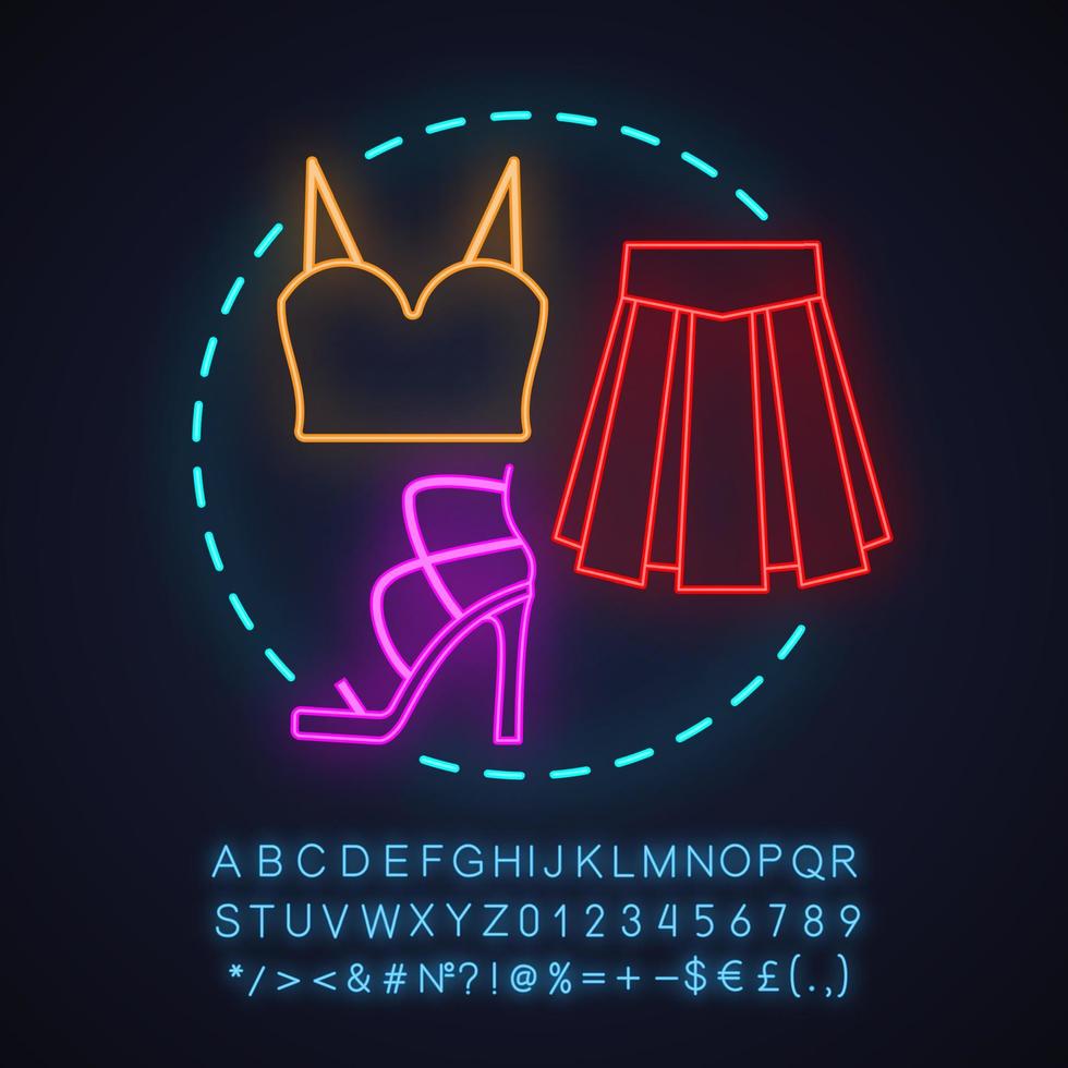 Women's clothes store neon light concept icon. Fashion idea. Crop top, skirt, high heel shoe. Glowing sign with alphabet, numbers and symbols. Vector isolated illustration