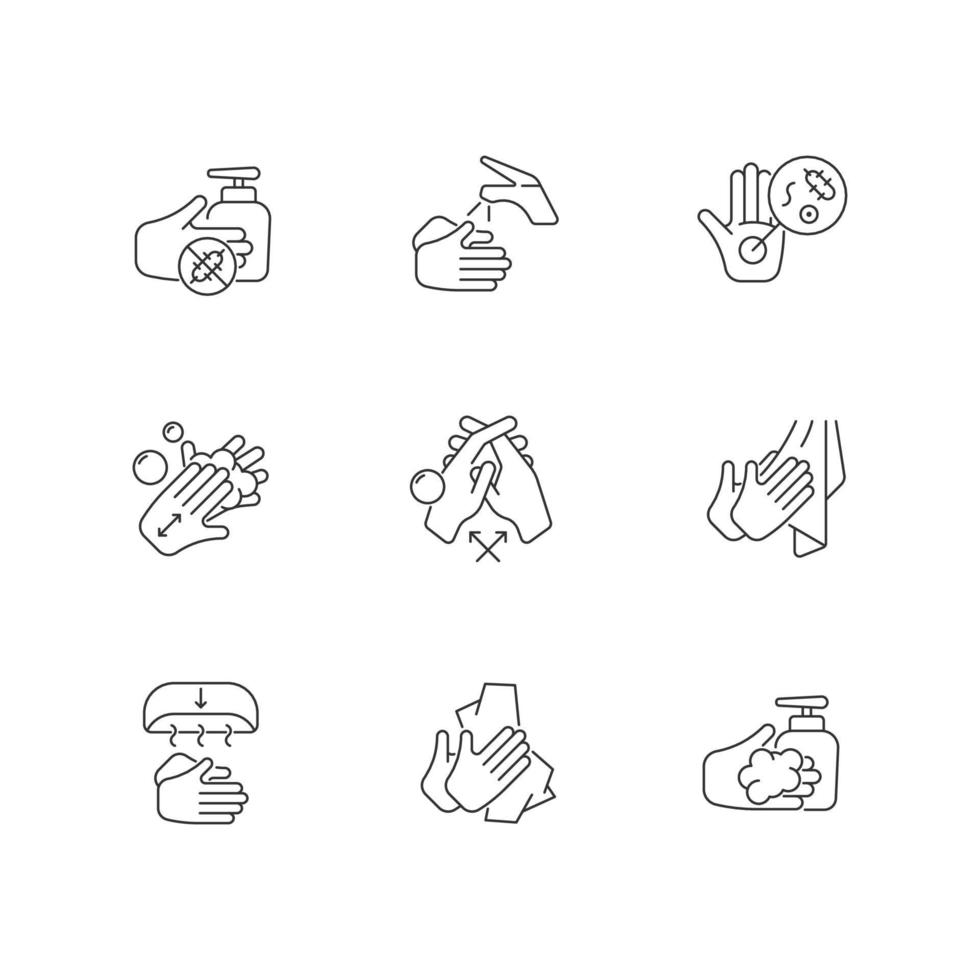 Hand washing steps linear icons set. Removing germs from hands. Applying soap, disinfectant. Customizable thin line contour symbols. Isolated vector outline illustrations. Editable stroke