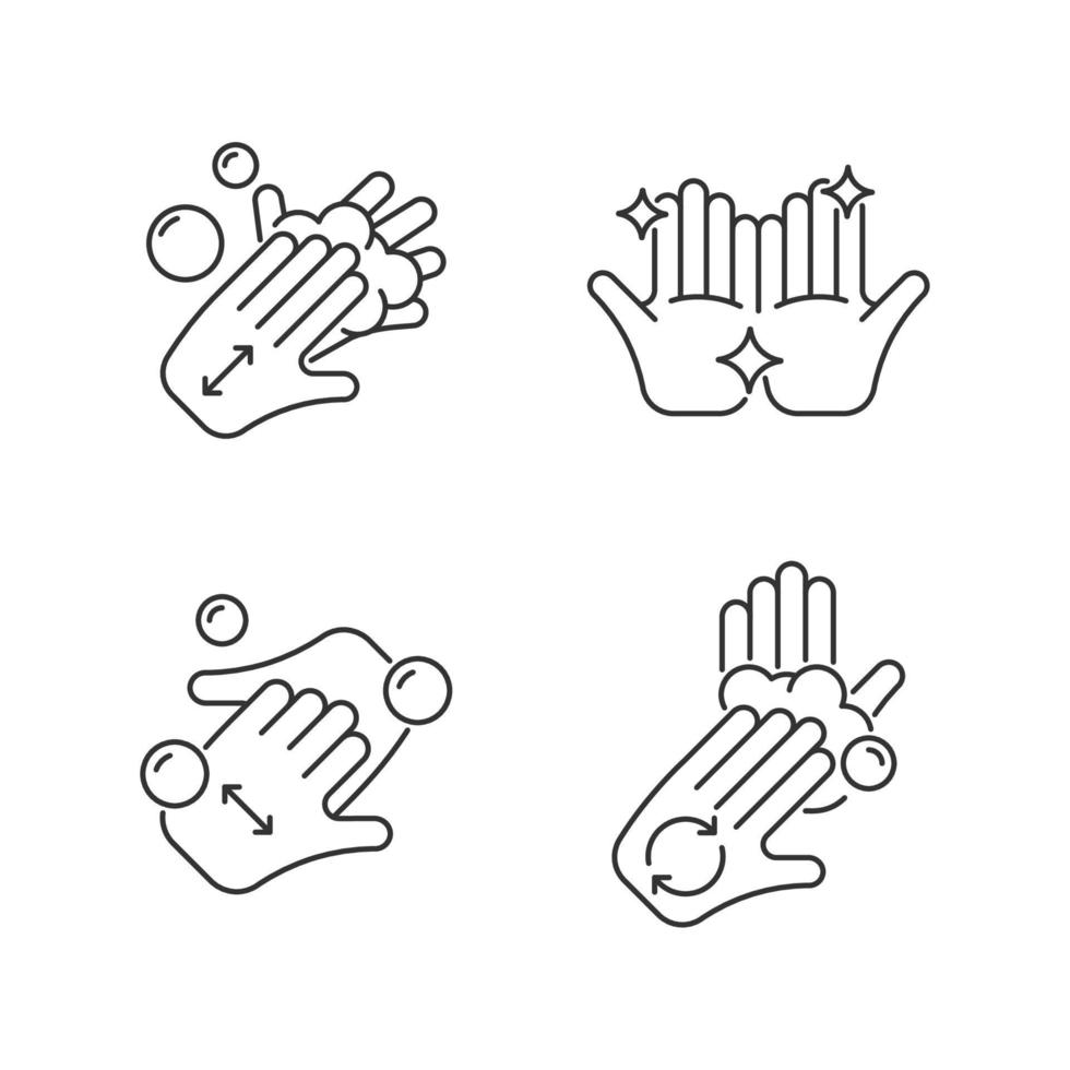 Washing hands instruction linear icons set. Rubbing palms together with soap. Cup fingers. Customizable thin line contour symbols. Isolated vector outline illustrations. Editable stroke