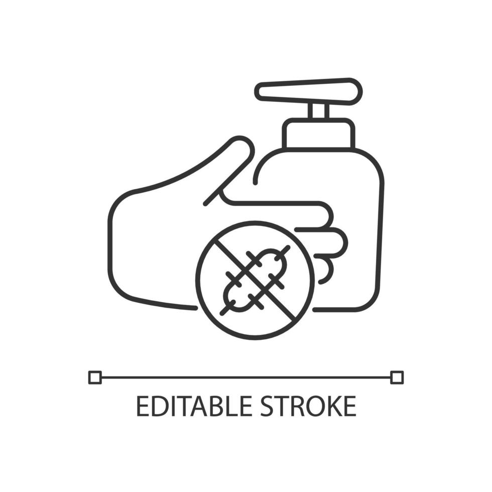 icono lineal de lavado de manos antiséptico. desinfectante de manos. Previniendo la propagación de bacterias con la frotación de manos. Ilustración personalizable de línea fina. símbolo de contorno. dibujo de contorno aislado vectorial. trazo editable vector